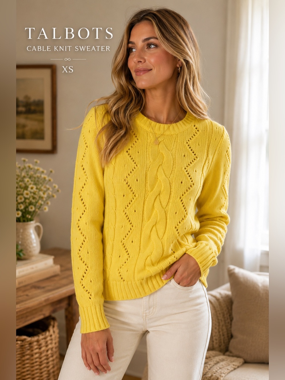 Talbots Cable Knit Sweater XS Yellow Cotton Blend Crewneck Long Sleeve